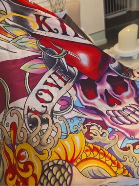 Colorful Tattoo Skull Print Scarf with LOVE Banner